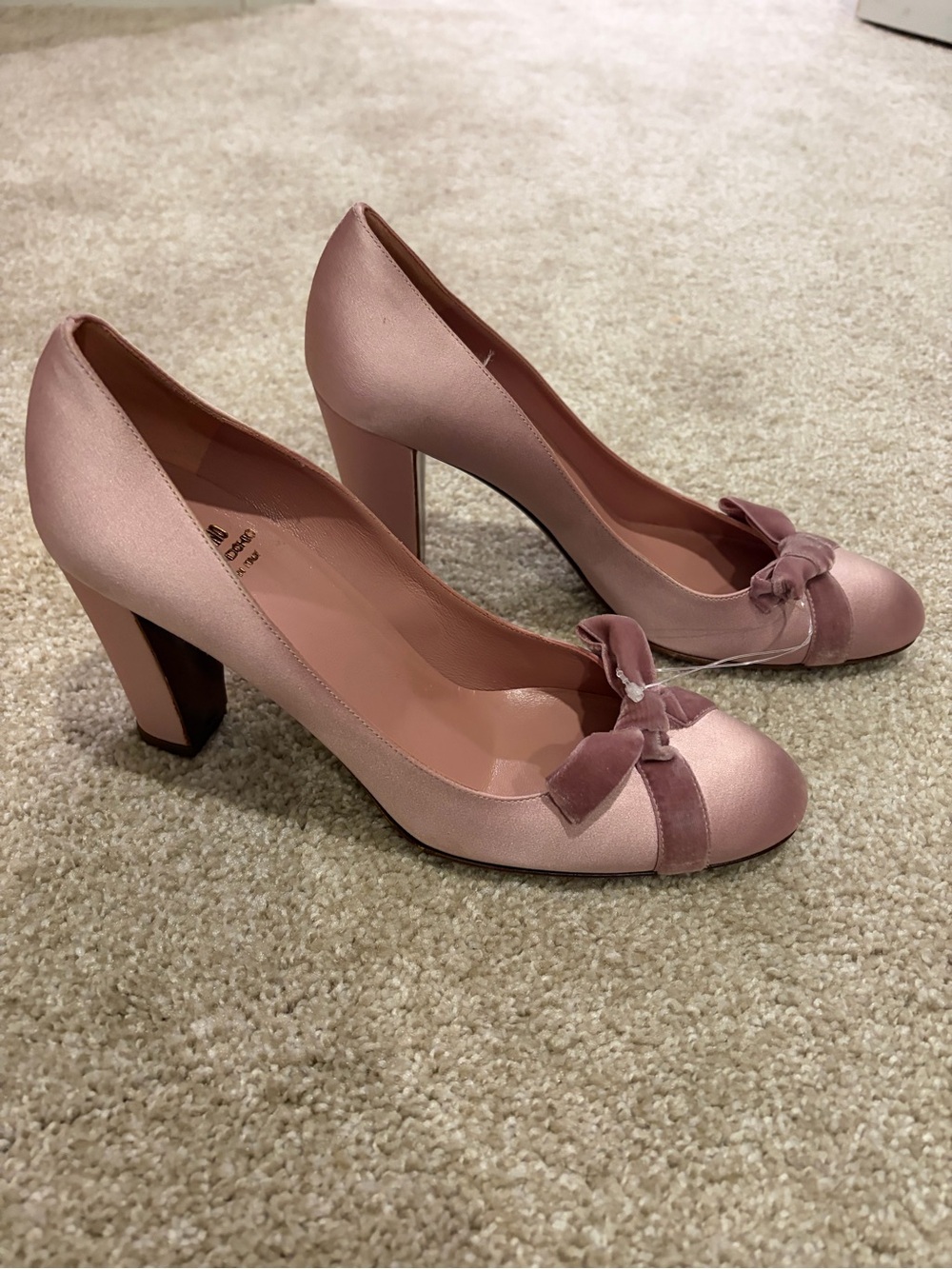 Moschino Blush Pink Satin Bow Block Heels